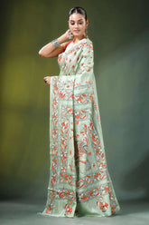 Mint green peacock motif handmade silk kantha saree light intricate orange 3