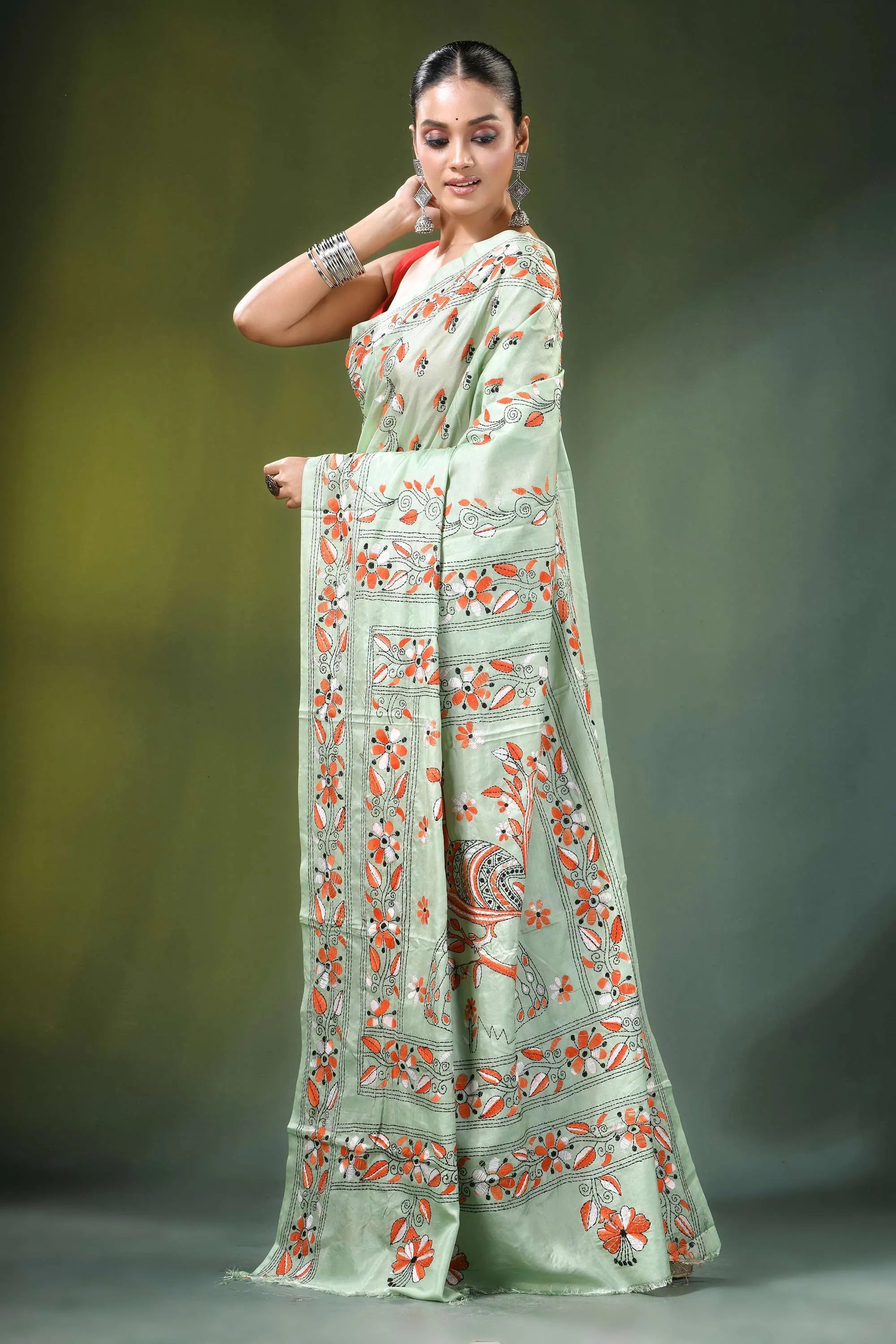 Mint green peacock motif handmade silk kantha saree light intricate orange 3