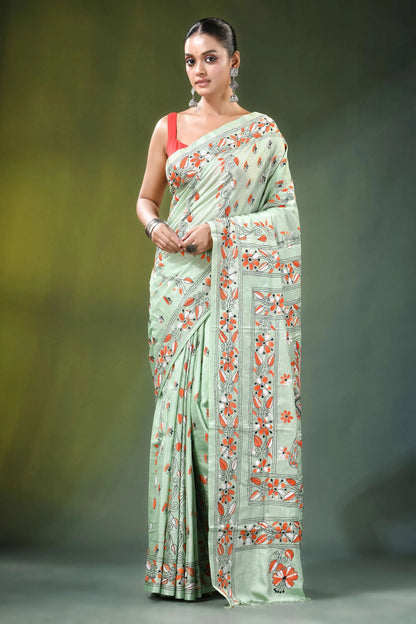 Mint green peacock motif handmade silk kantha saree light intricate orange 1
