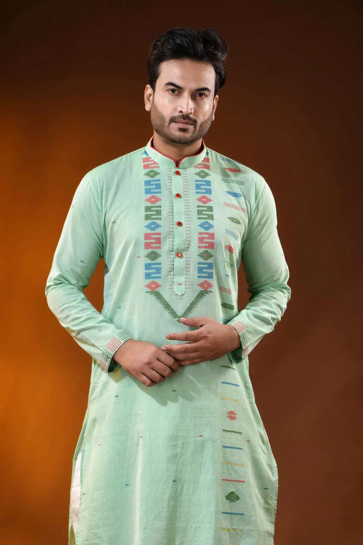 Mint green pure cotton jamdani kurta for men with geometric motifs 2