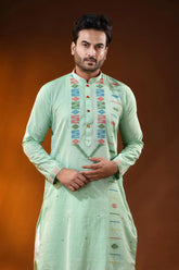 Mint green pure cotton jamdani kurta for men with geometric motifs 2