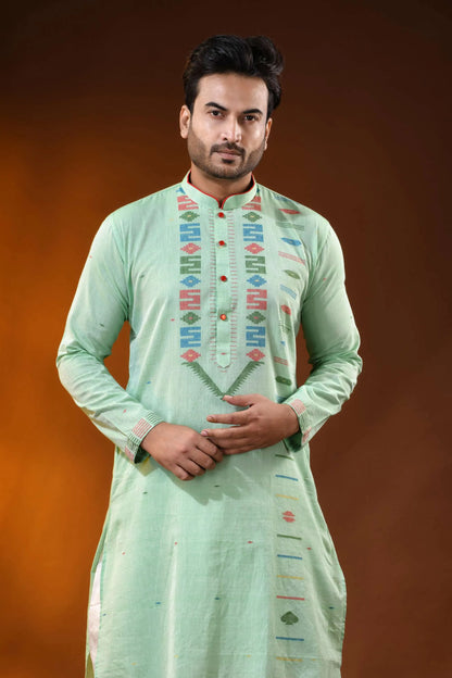 Mint green pure cotton jamdani kurta for men with geometric motifs 2