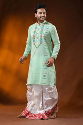 Mint green pure cotton jamdani kurta for men with geometric motifs 5