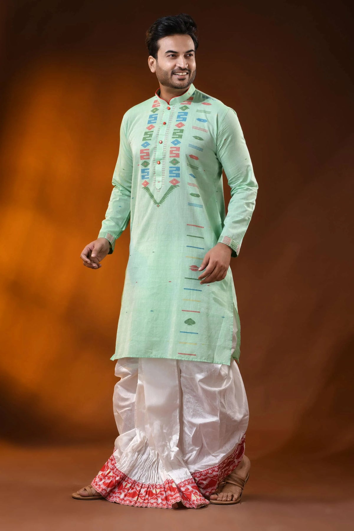 Mint green pure cotton jamdani kurta for men with geometric motifs 5