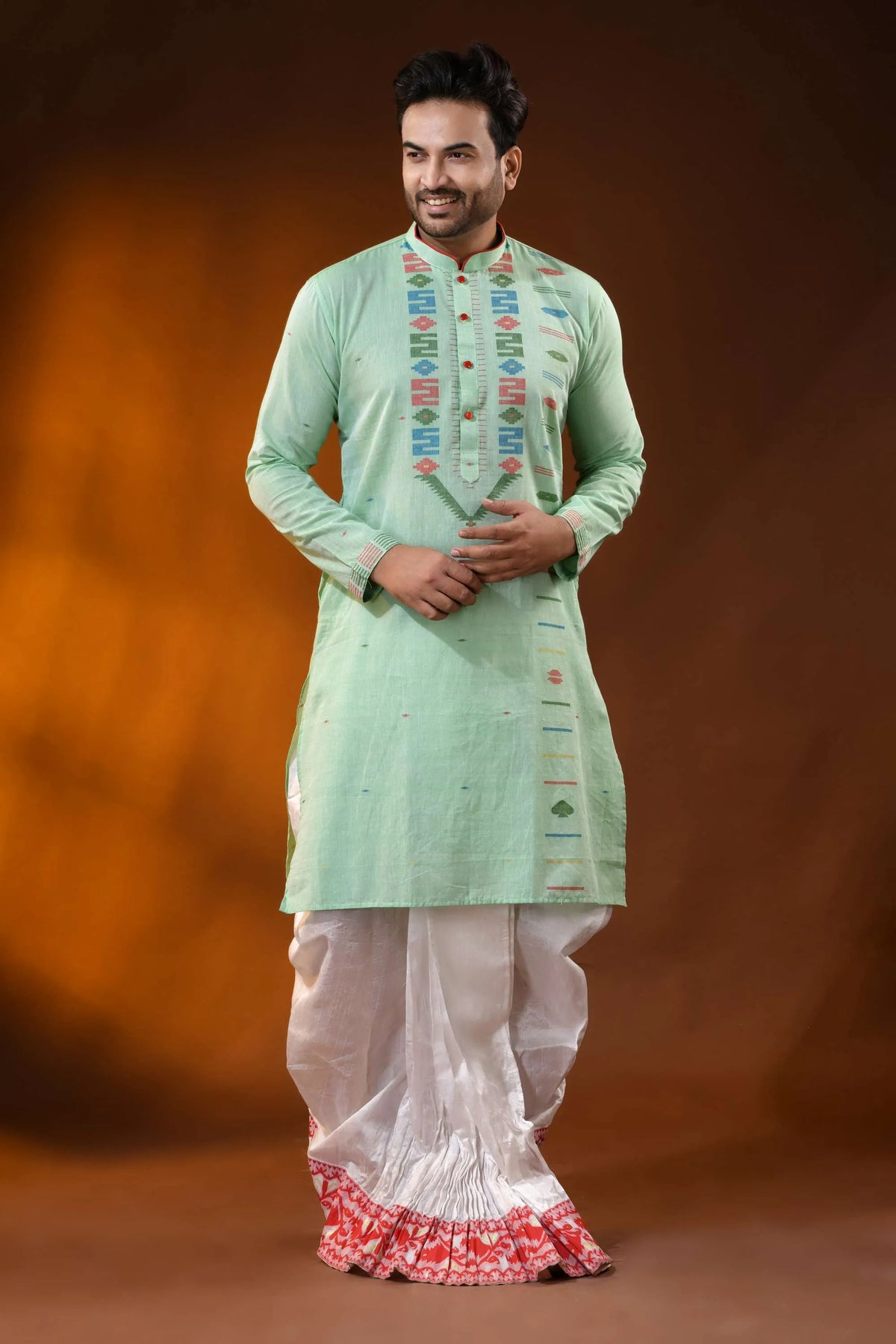 Mint green pure cotton jamdani kurta for men with geometric motifs 7