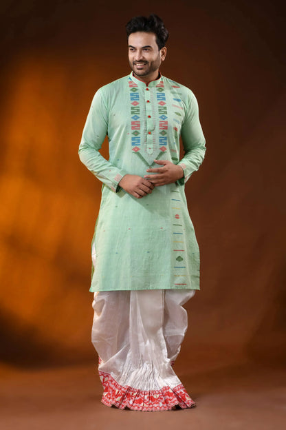 Mint green pure cotton jamdani kurta for men with geometric motifs 7
