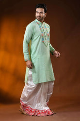 Mint green pure cotton jamdani kurta for men with geometric motifs 4