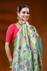 Mint green silk kantha saree with multicolor floral nature motif 2