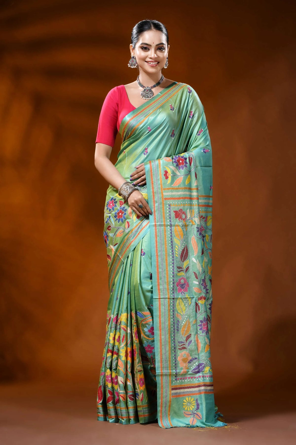Mint green silk kantha saree with multicolor floral nature motif 1