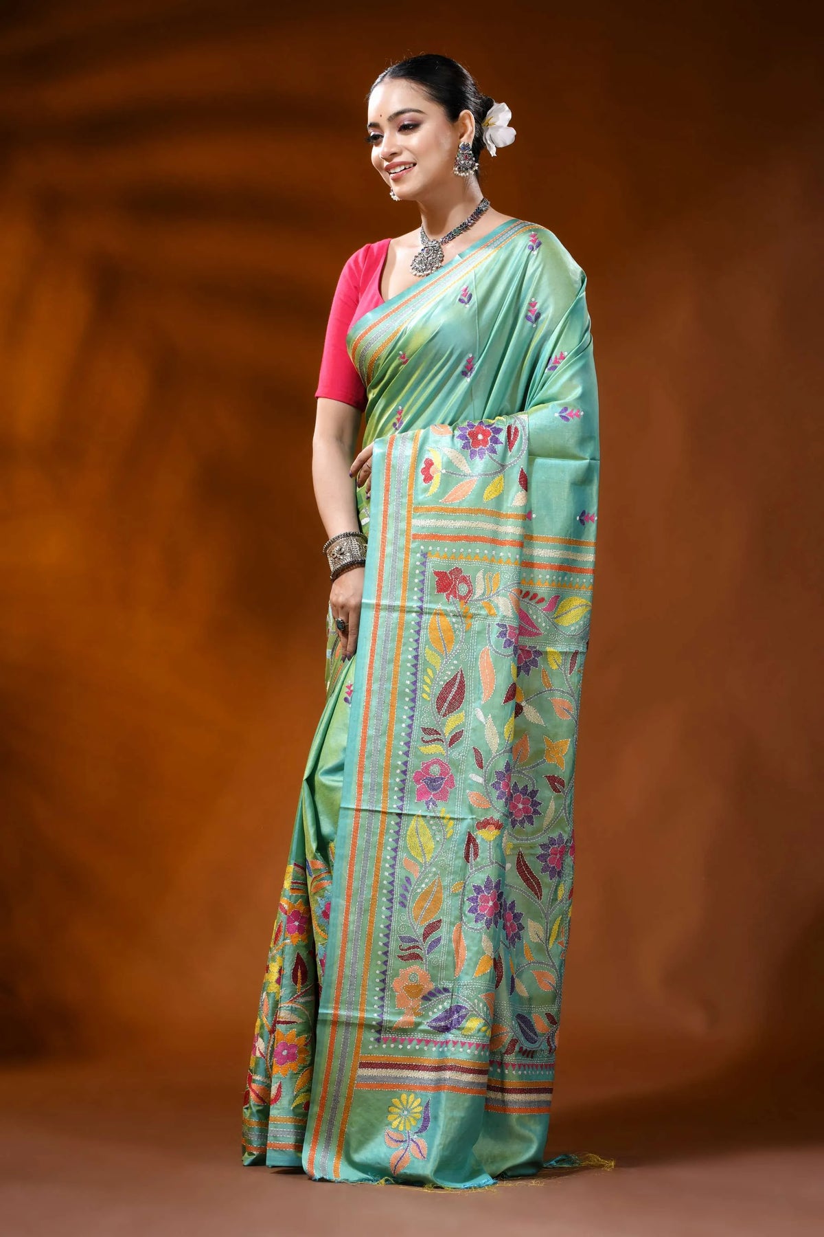 Mint green silk kantha saree with multicolor floral nature motif 3