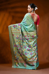 Mint green silk kantha saree with multicolor floral nature motif 4
