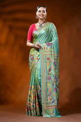Mint green silk kantha saree with multicolor floral nature motif 6
