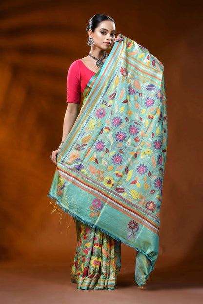 Mint green silk kantha saree with multicolor floral nature motif 5
