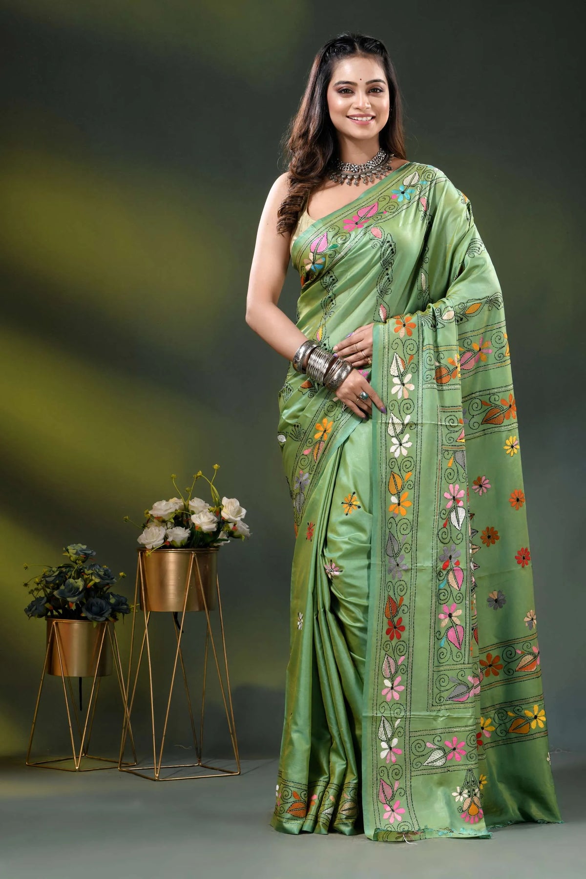 Mint green silk kantha stitch saree with multicolor floral design 1