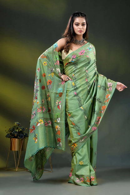 Mint green silk kantha stitch saree with multicolor floral design 4