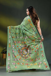 Mint green silk kantha stitch saree with multicolor floral design 5