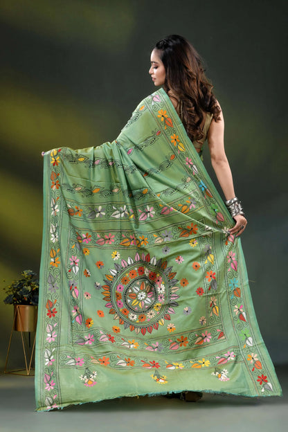 Mint green silk kantha stitch saree with multicolor floral design 5