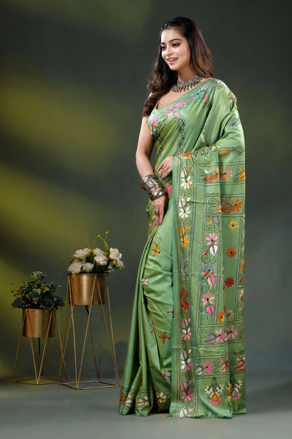 Mint green silk kantha stitch saree with multicolor floral design 3