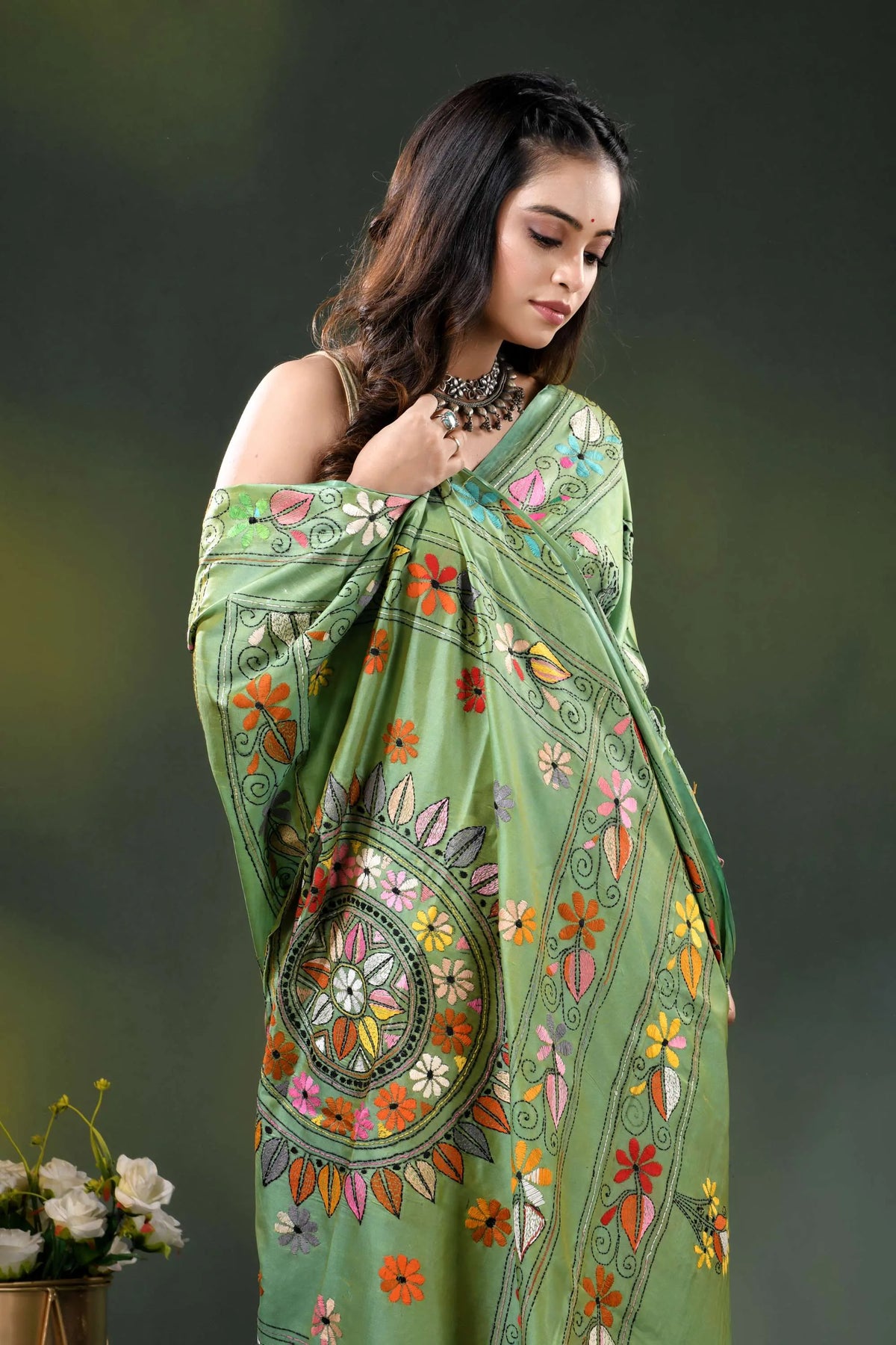 Mint green silk kantha stitch saree with multicolor floral design 2