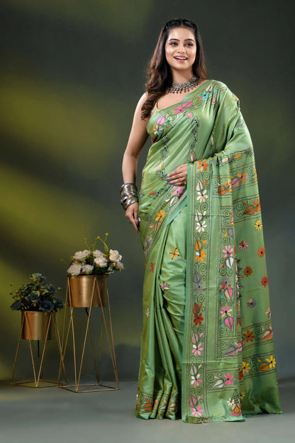 Mint green silk kantha stitch saree with multicolor floral design 6