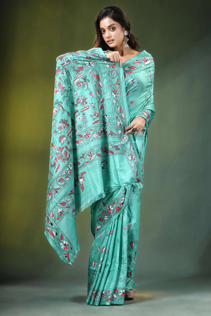 Mint green village theme kantha embroidery silk saree woman wears teal 5