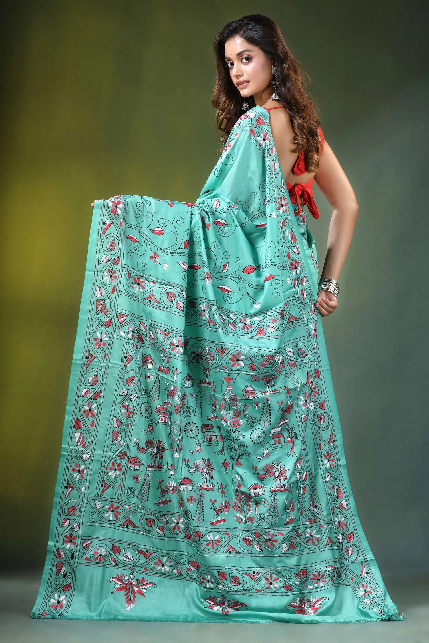 Mint green village theme kantha embroidery silk saree teal-colored adorned intricate 4