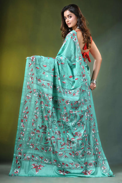 Mint green village theme kantha embroidery silk saree teal-colored adorned intricate 4