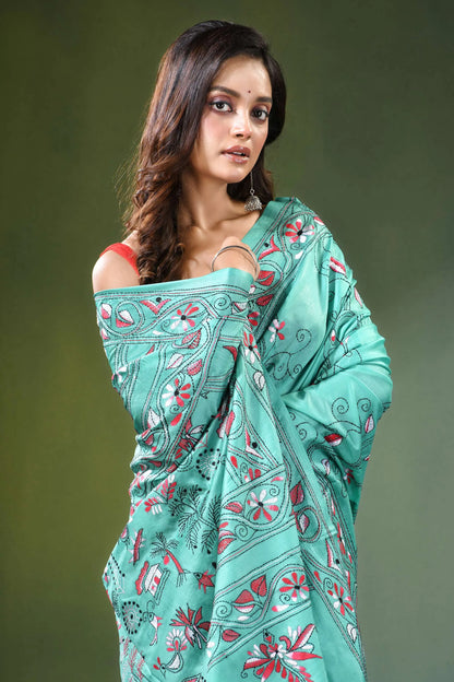 Mint green village theme kantha embroidery silk saree teal adorned intricate 2