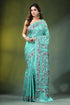 Mint green village theme kantha embroidery silk saree teal adorned intricate 1