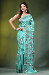 Mint green village theme kantha embroidery silk saree teal adorned intricate 6