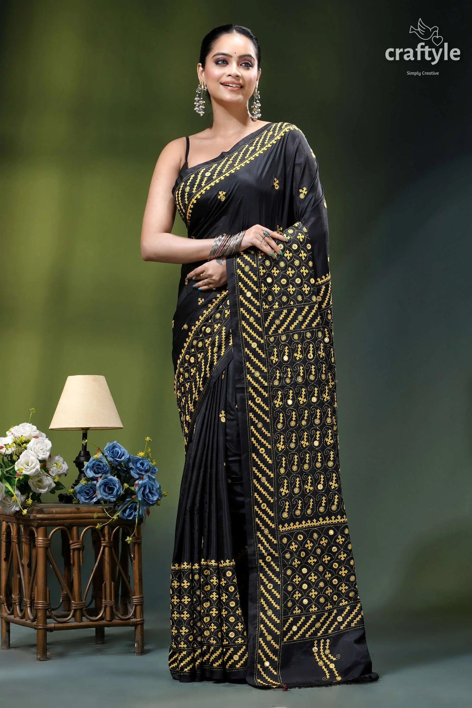 Mirror detailing black silk saree with yellow thread gujrati stitch black silk saree intricate gold 7