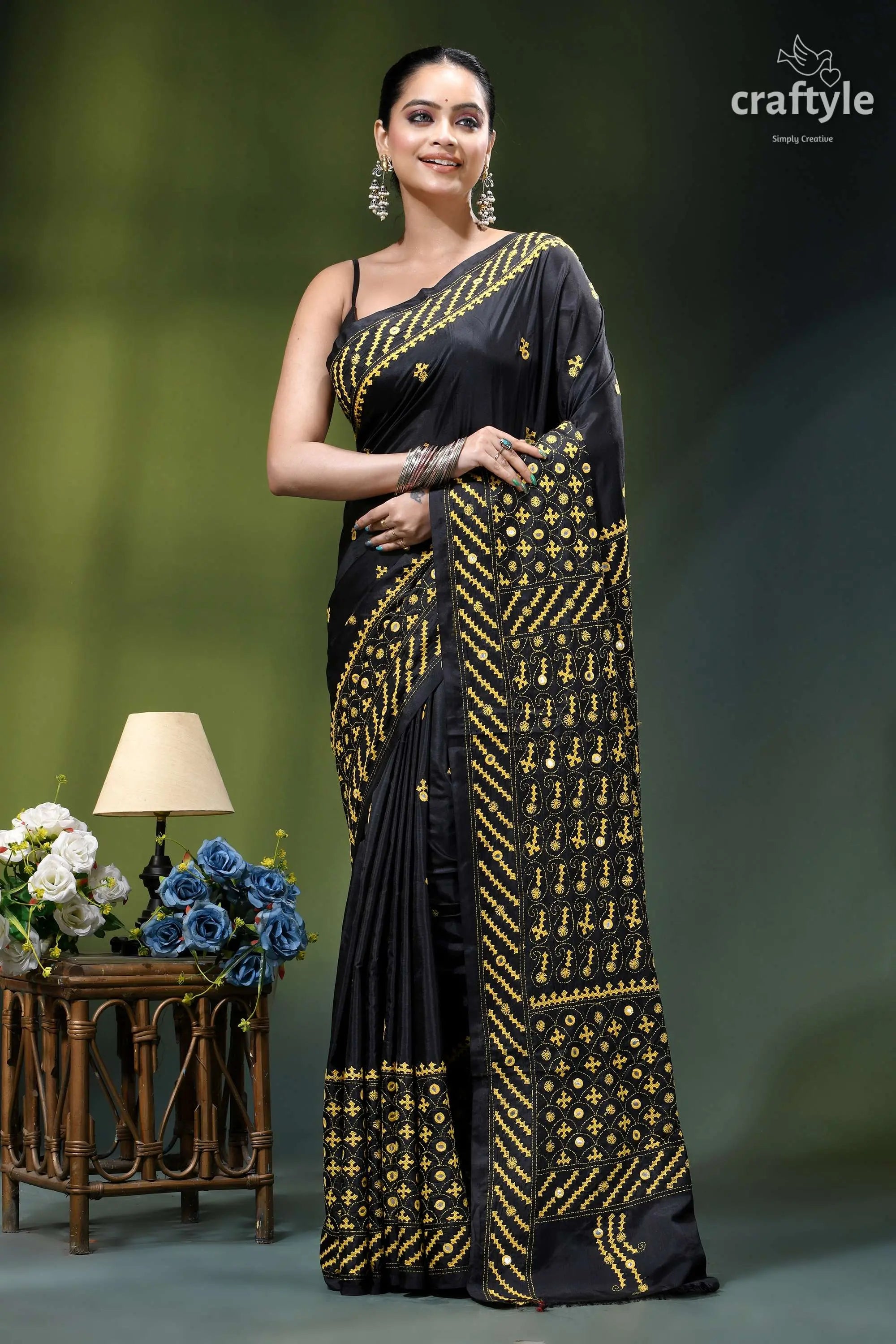Mirror detailing black silk saree with yellow thread gujrati stitch black silk saree intricate gold 7