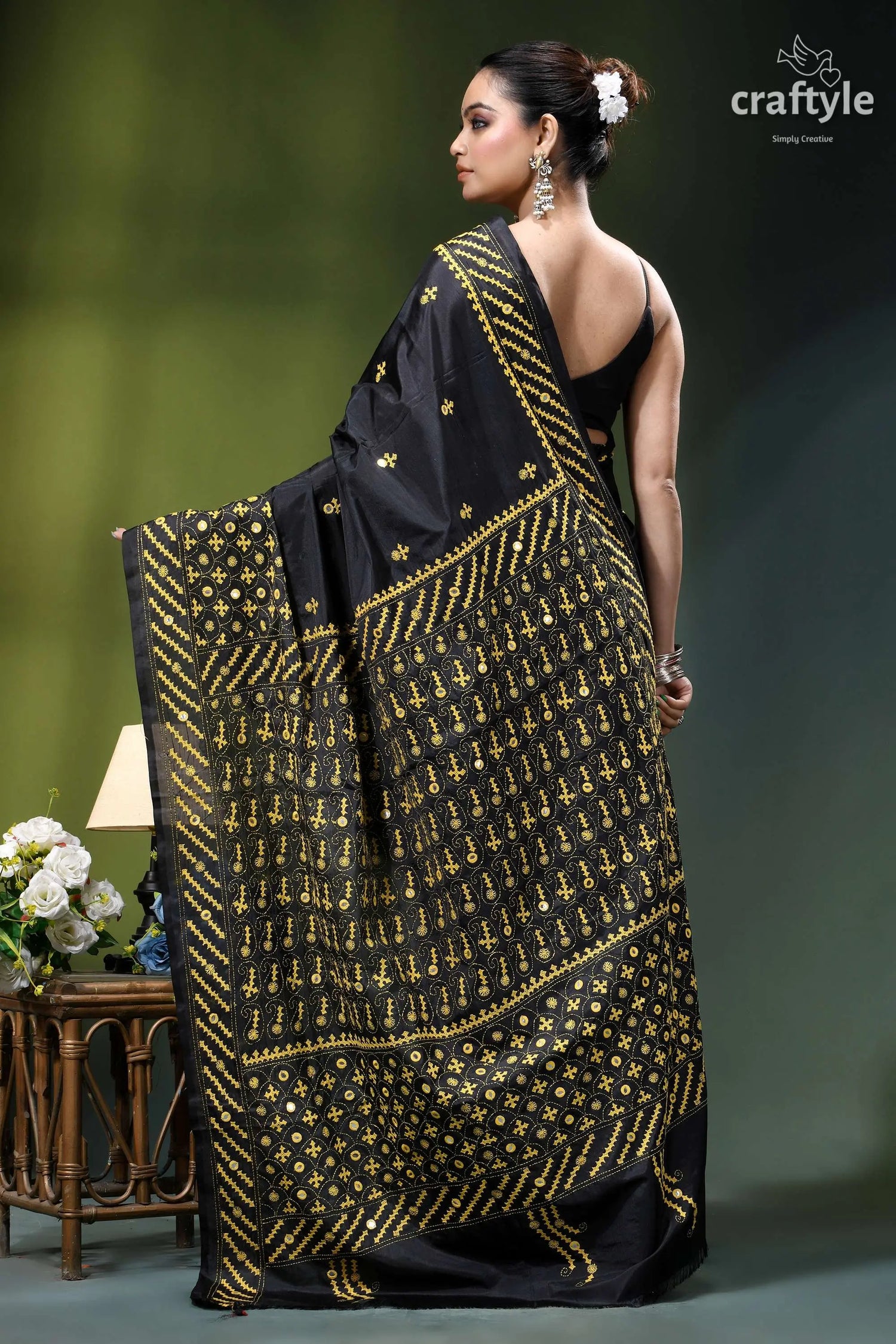 Mirror detailing black silk saree with yellow thread gujrati stitch black silk saree intricate gold 6