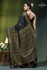Mirror detailing black silk saree with yellow thread gujrati stitch black silk saree intricate gold 6