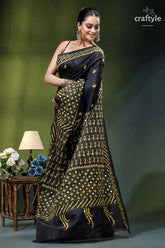 Mirror detailing black silk saree with yellow thread gujrati stitch black saree intricate gold embroidery 4
