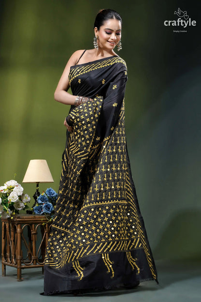 Mirror detailing black silk saree with yellow thread gujrati stitch black saree intricate gold embroidery 4