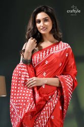 Mirror work lava red silk saree with intricate kutch embroidery red bandhani saree white geometric 2