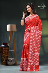 Mirror work lava red silk saree with intricate kutch embroidery red white bandhani saree intricate 3