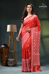 Mirror work lava red silk saree with intricate kutch embroidery red saree white geometric patterns 6
