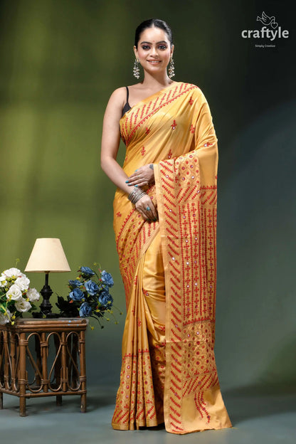 Mirror work red thread silk gujrati stitch saree in light mustard golden-yellow silk saree intricate red 1