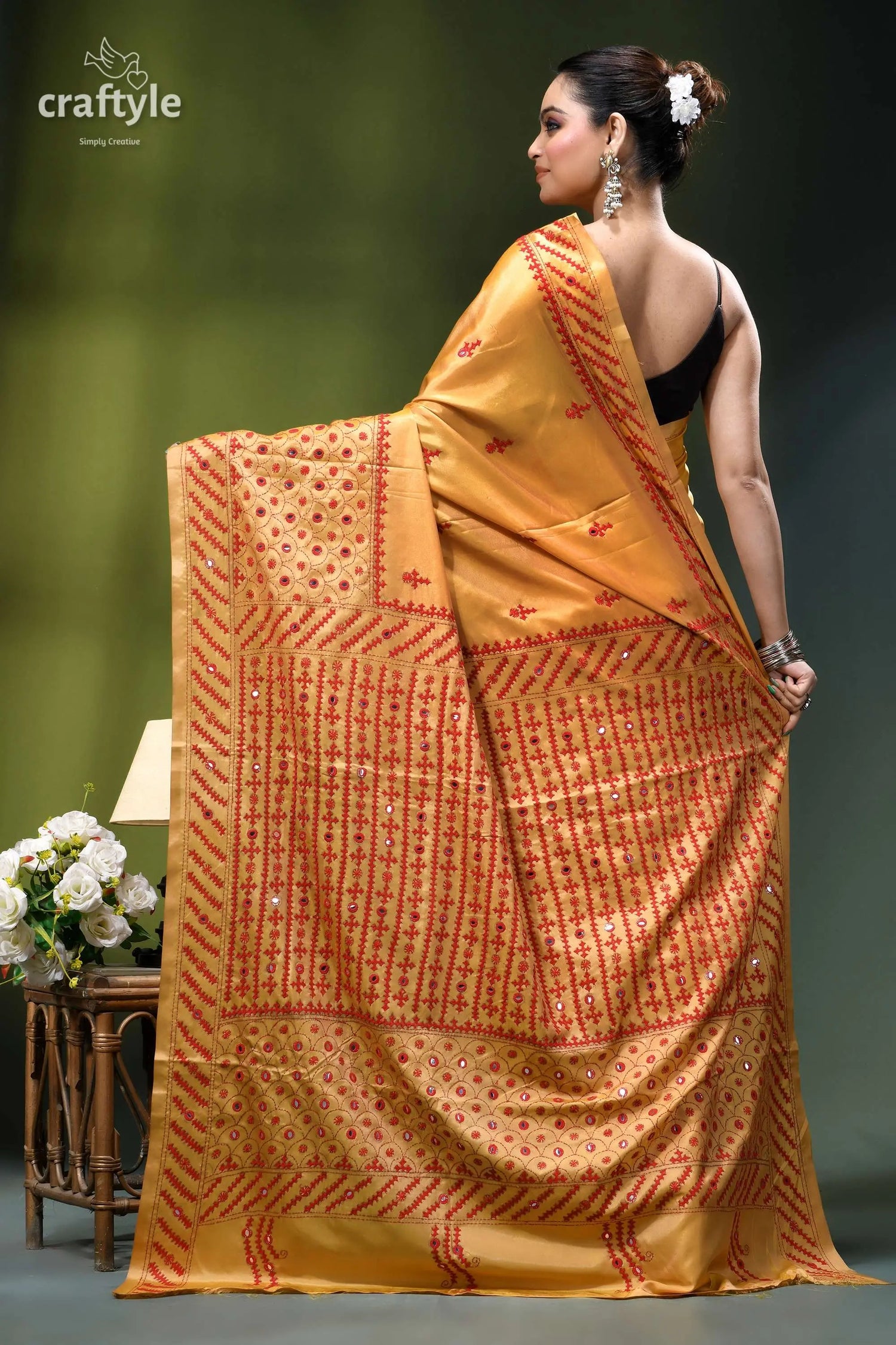 Mirror work red thread silk gujrati stitch saree in light mustard golden-orange saree intricate red gold 5