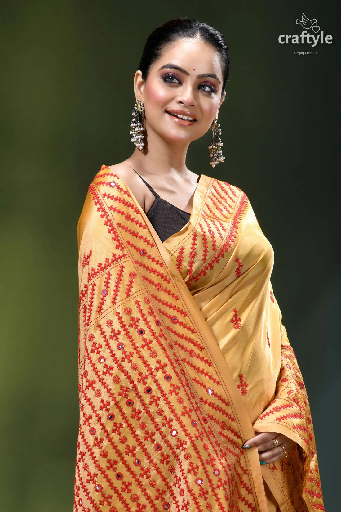 Mirror work red thread silk gujrati stitch saree in light mustard golden-yellow saree intricate red embroidery 2