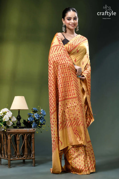 Mirror work red thread silk gujrati stitch saree in light mustard woman wears golden-yellow saree intricate 4