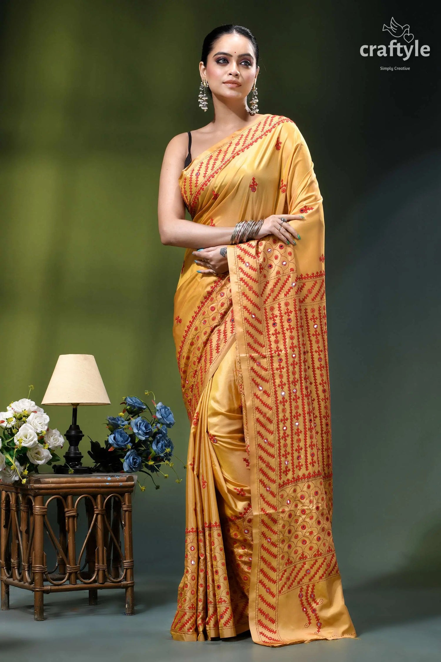 Mirror work red thread silk gujrati stitch saree in light mustard golden-yellow silk saree intricate red 6