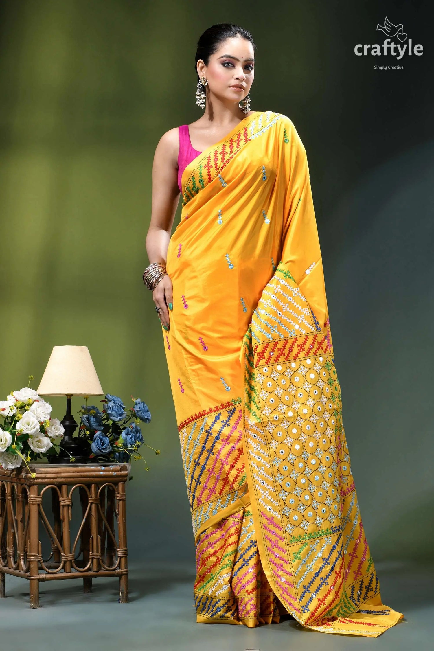 Mirror work vivid yellow multicolor hand kutch embroidery silk saree vibrant yellow silk saree intricate 4