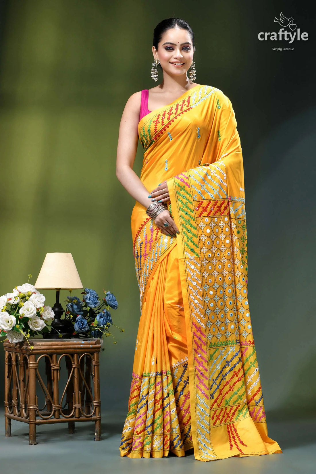 Mirror work vivid yellow multicolor hand kutch embroidery silk saree vibrant yellow saree intricate multicolored 1