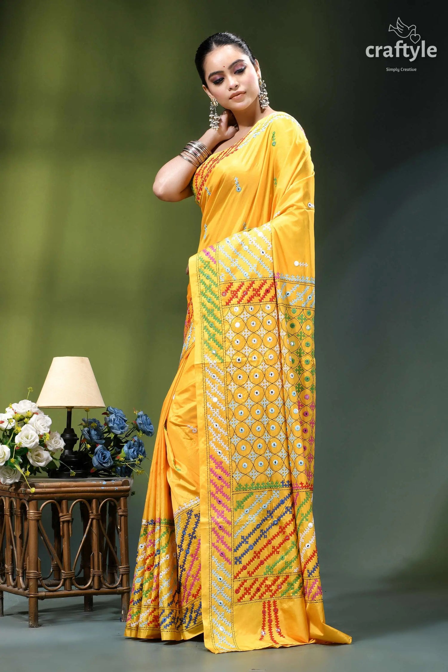 Mirror work vivid yellow multicolor hand kutch embroidery silk saree vibrant yellow silk saree intricate 3