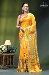 Mirror work vivid yellow multicolor hand kutch embroidery silk saree vibrant yellow silk saree adorned 6