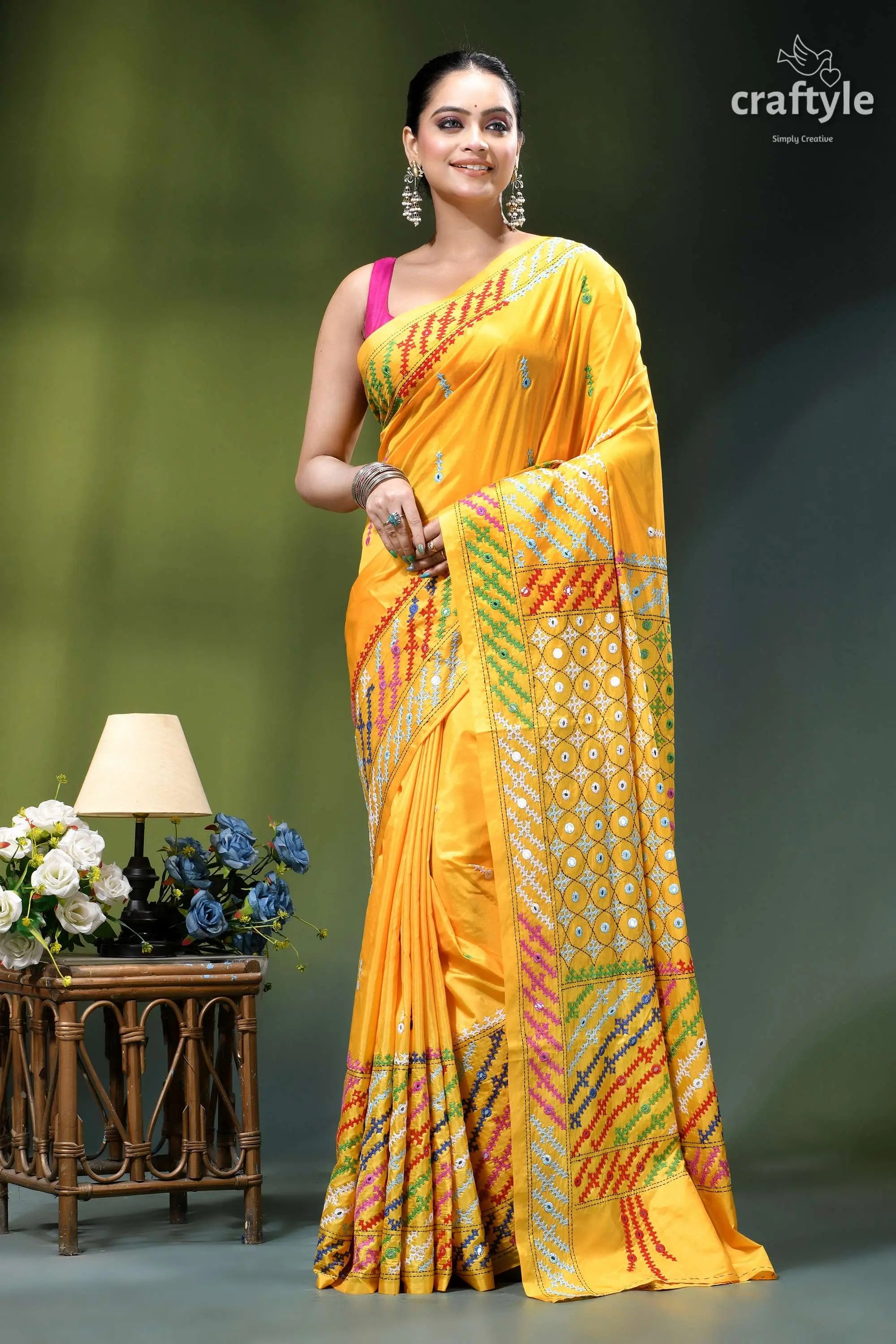 Mirror work vivid yellow multicolor hand kutch embroidery silk saree vibrant yellow silk saree adorned 6