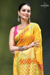 Mirror work vivid yellow multicolor hand kutch embroidery silk saree vibrant yellow saree intricate red 2